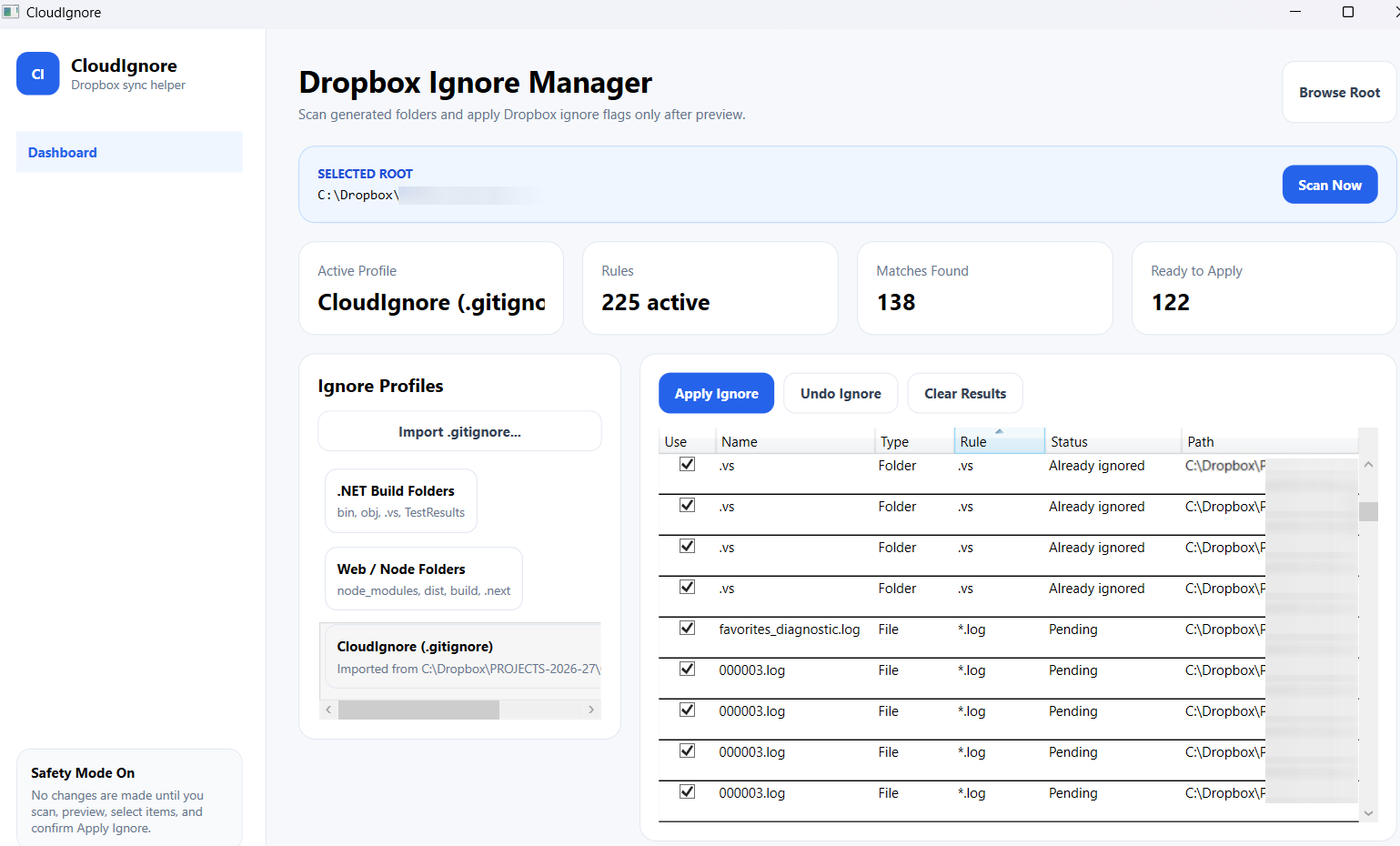 CloudIgnore dashboard with scan counts, ignore profiles and a table of matched folders and files
