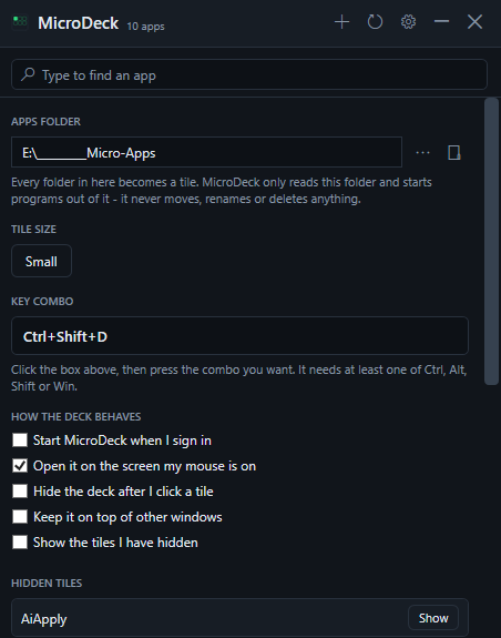 MicroDeck settings with apps folder, tile size, key combo and deck behavior checkboxes
