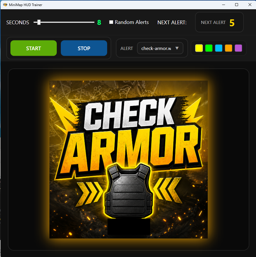 Check armor alert graphic displayed with next alert countdown at five seconds