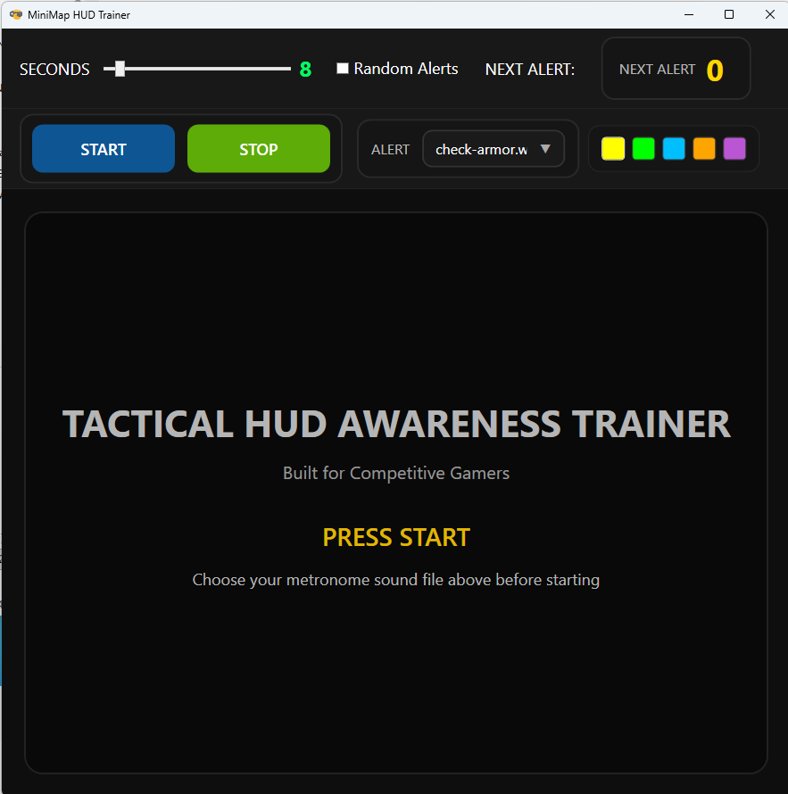 MiniMap HUD Trainer idle screen with seconds slider, alert sound list and start button