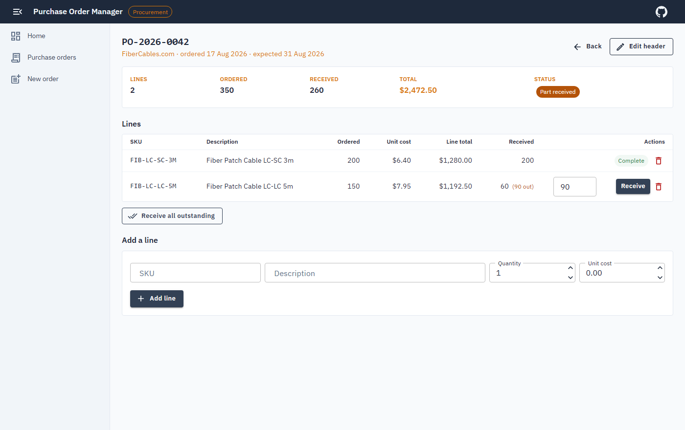 Purchase order with two lines, received counts, part received status and a receive button