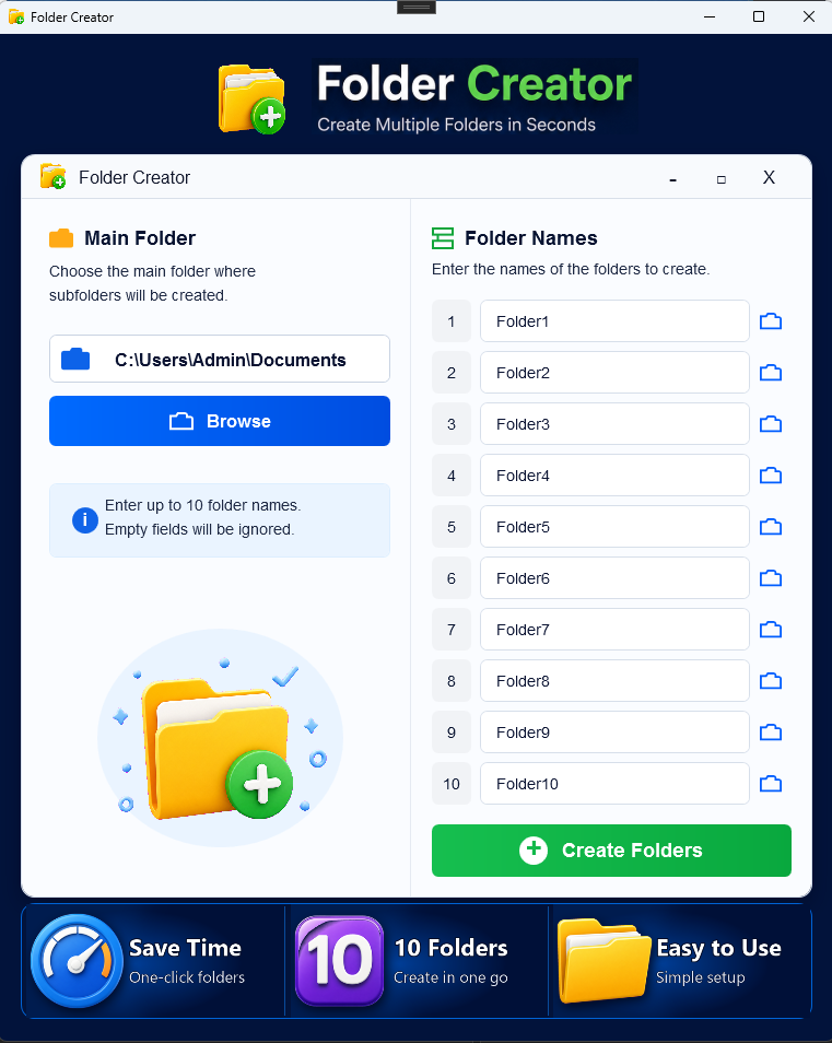 Folder Creator window with main folder picker, ten folder name fields and create button