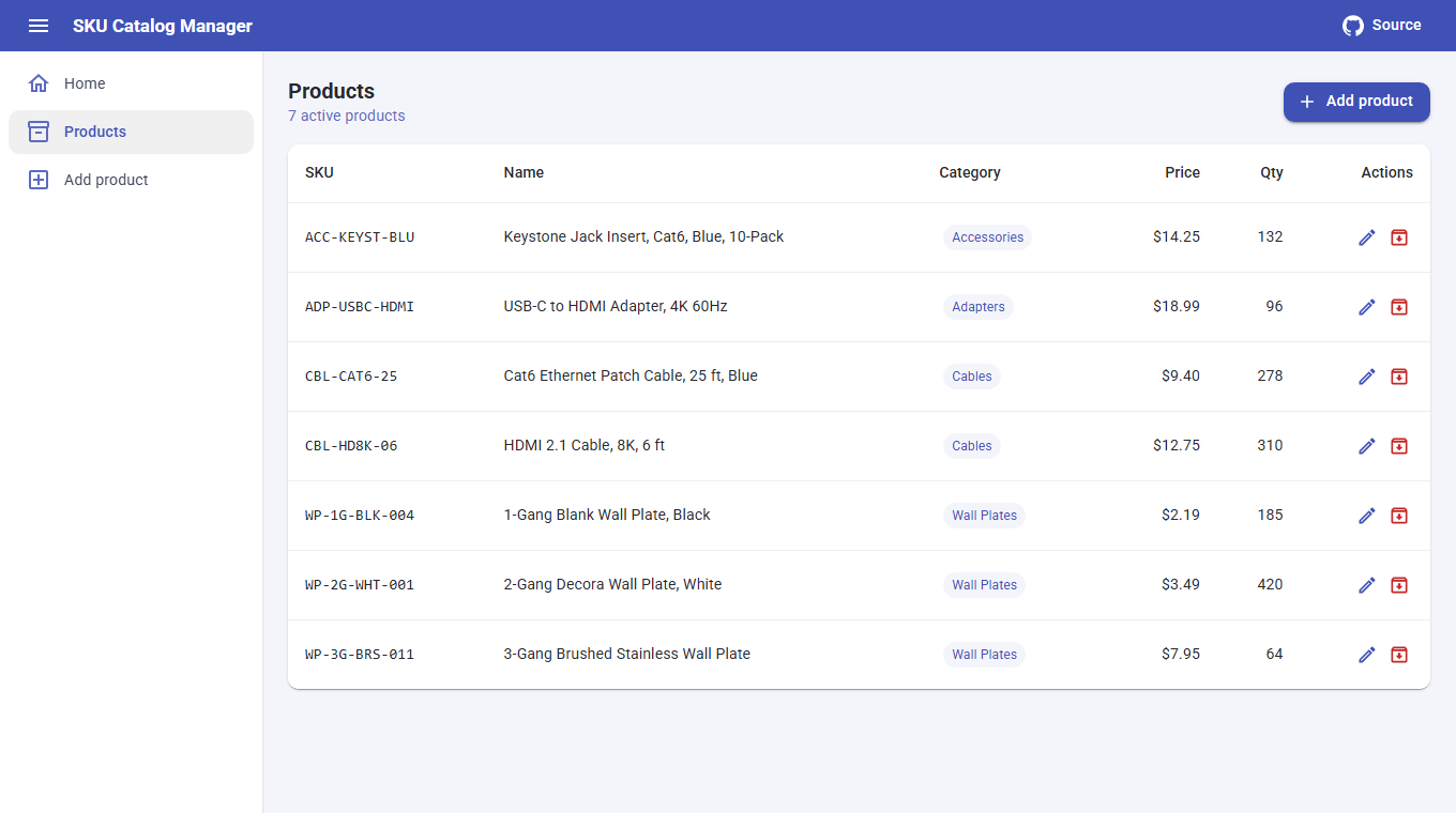 SKU Catalog Manager product list with seven products, prices, quantities and category tags