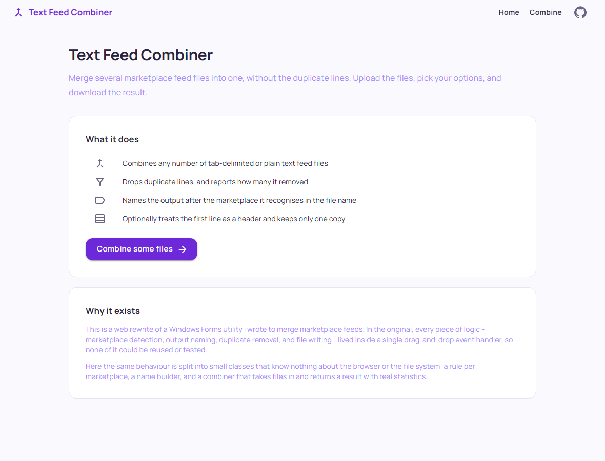 Text Feed Combiner home page listing what it does and a combine button