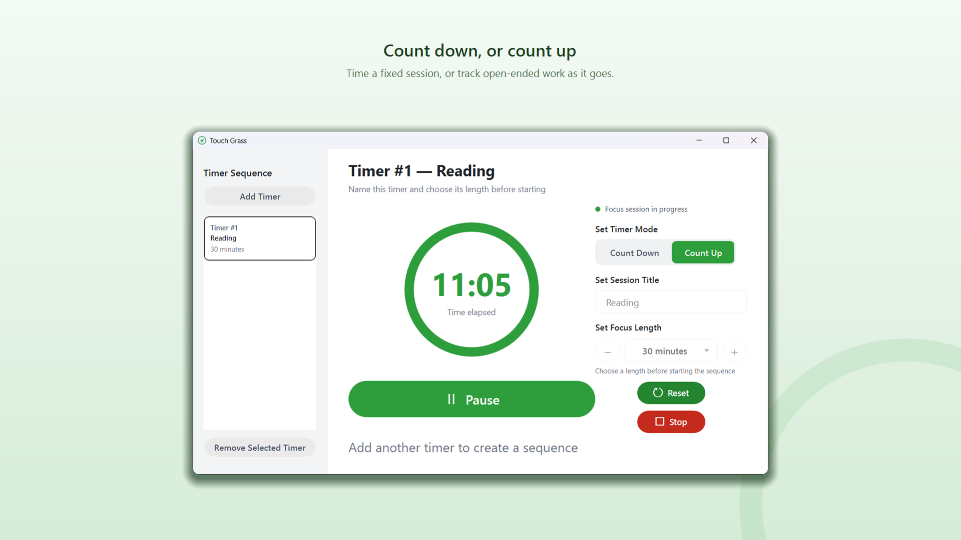 Count up mode timing a reading session with eleven minutes elapsed