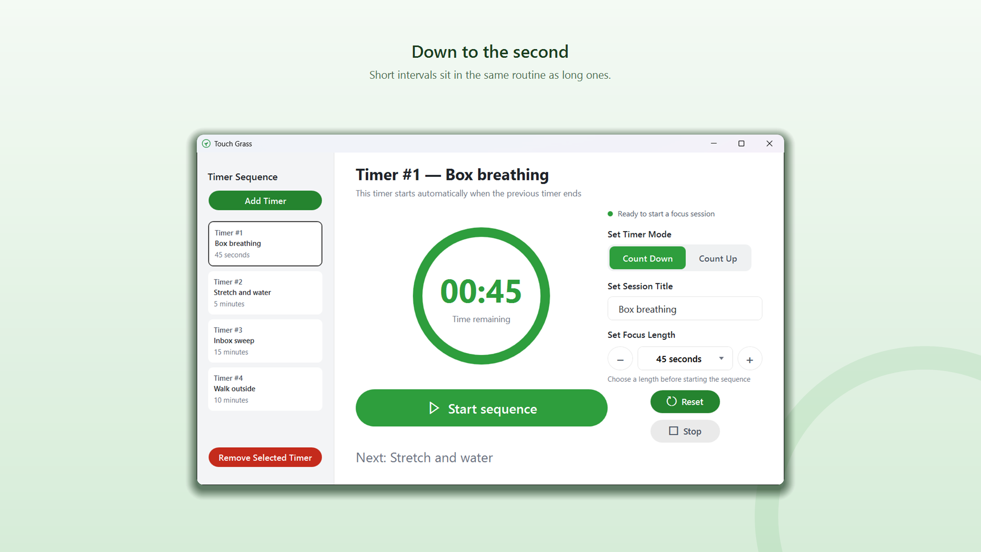 Forty five second box breathing timer first in a four timer sequence